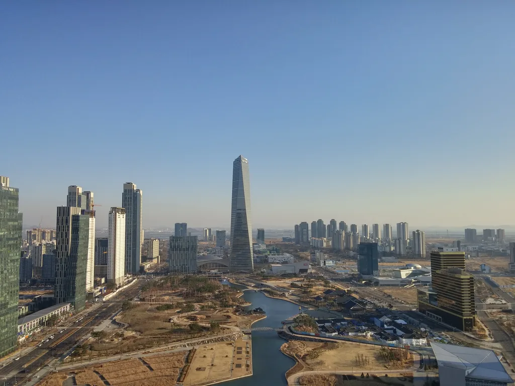 The high-rise skyline of Songdo, the district built on reclaimed land in Incheon.