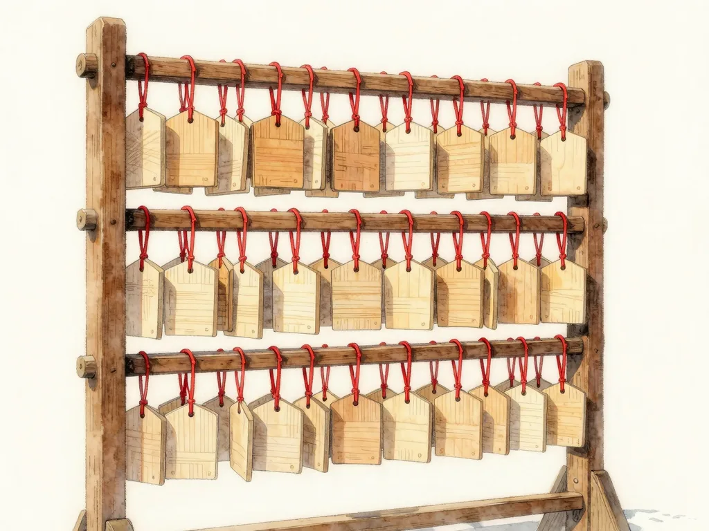 Watercolour illustration of a wooden rack hung with rows of small five-sided wooden tablets on red cords.