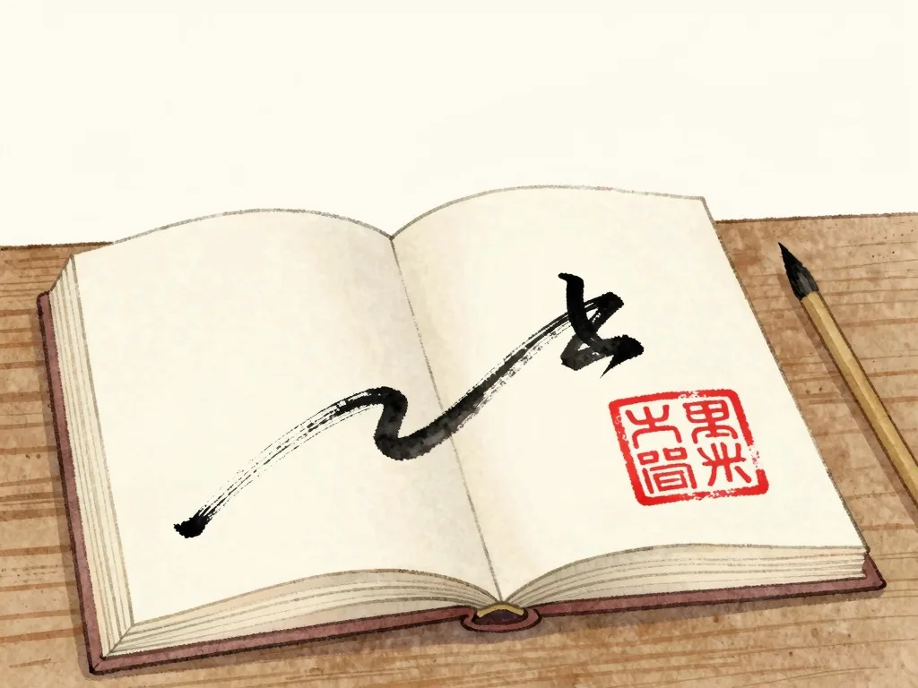 Watercolour illustration of an open accordion-fold book on a desk, a brush beside it, showing ink brushwork and a square vermilion seal.