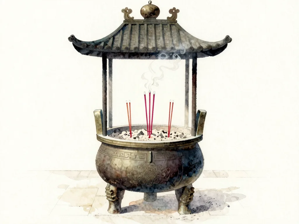 Watercolour illustration of a bronze incense cauldron on three legs, incense sticks standing in its ash and pale smoke curling upward.