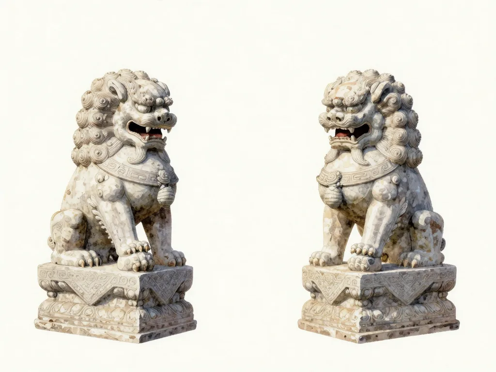 Watercolour illustration of a pair of stone guardian lion-dogs on pedestals, facing forward — one with its mouth open, the other closed.