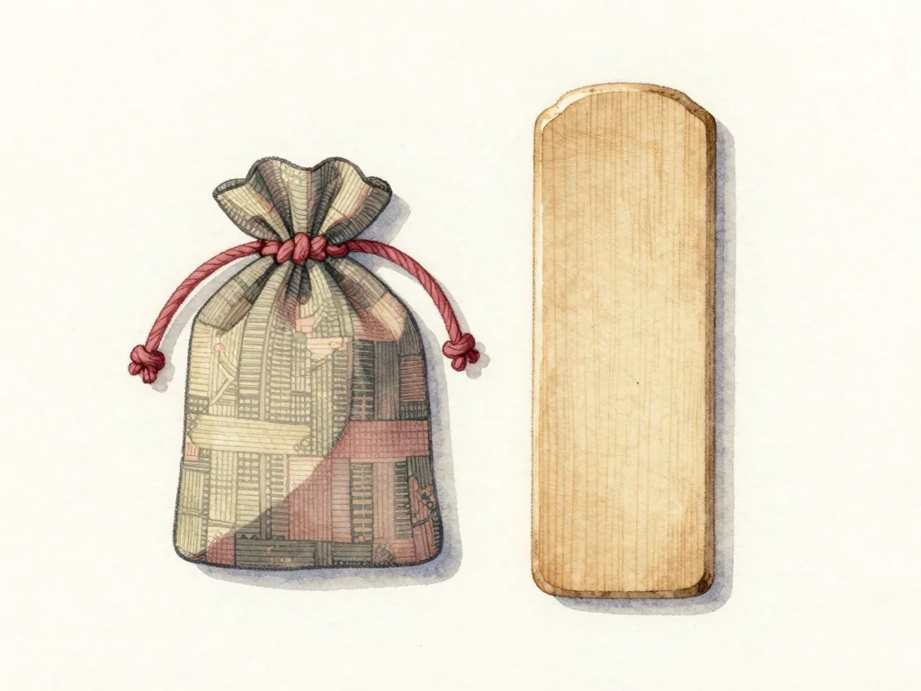 Watercolour illustration of two amulets side by side: a small brocade pouch drawn shut with a cord, and a plain flat wooden tablet with a rounded top.