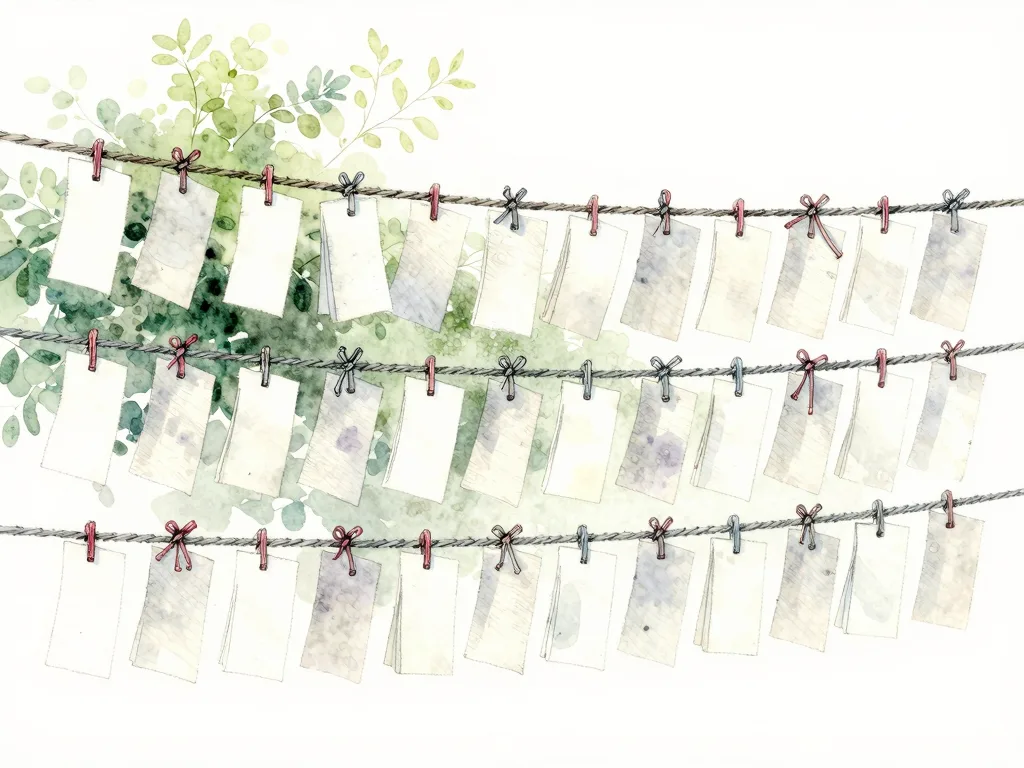 Watercolour illustration of narrow white paper strips knotted in rows along horizontal wires.