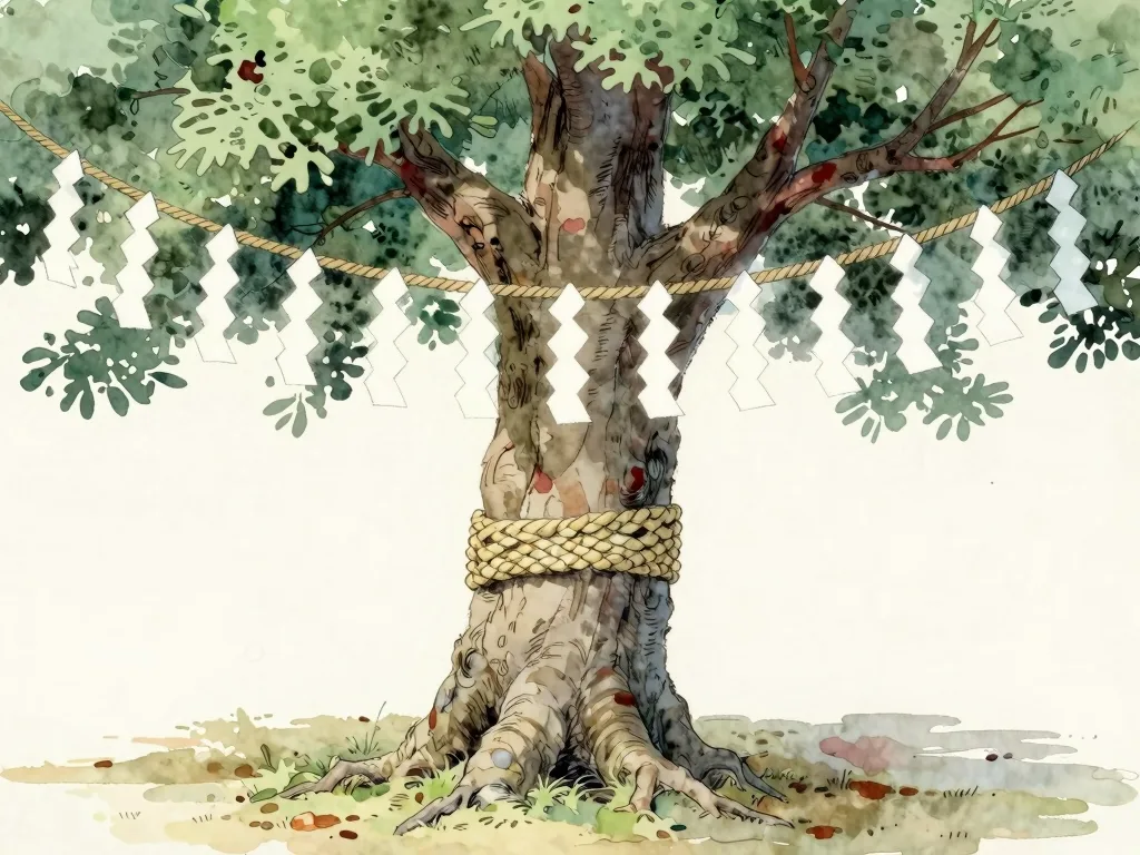 Watercolour illustration of an old broad-trunked tree encircled by a thick straw rope, with folded white paper streamers hanging from it.