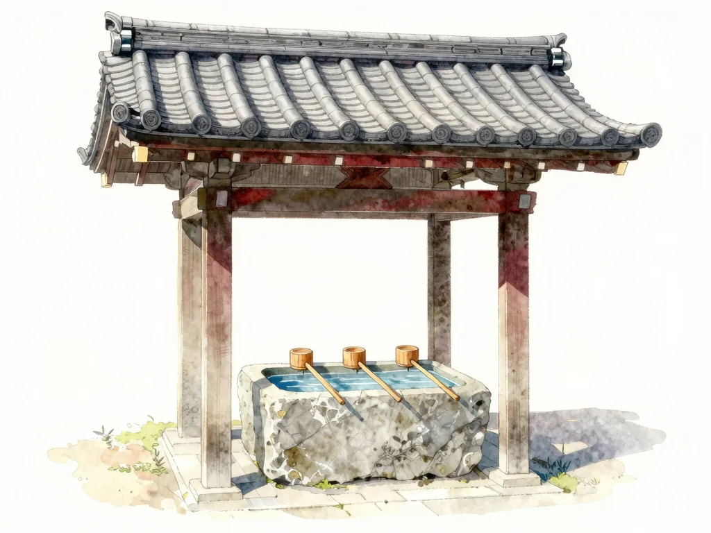 Watercolour illustration of a shrine water pavilion: a tiled roof on four timber posts sheltering a stone basin of still water, with long-handled wooden ladles laid across its rim.