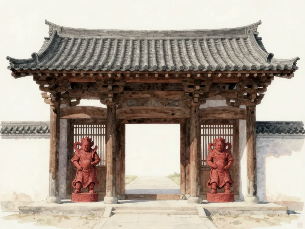 Watercolour illustration of a wooden temple gate: a heavy tiled roof over thick pillars, with a guardian figure standing in a recessed alcove on each side of the opening.
