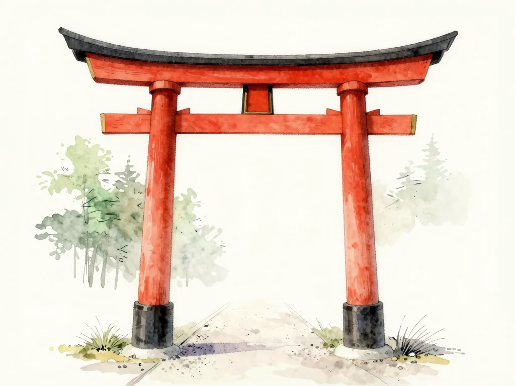 Watercolour illustration of a vermilion torii: two upright posts carrying two crossbeams, the upper one curving gently upward past the posts.