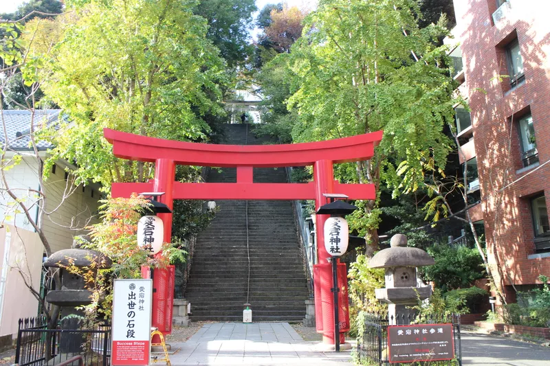 The steep stone staircase at Atago Shrine seen from the foot, rising to a torii at the top