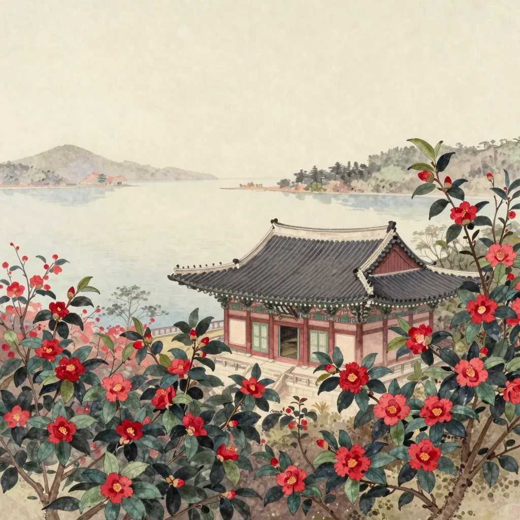 A watercolour of a tile-roofed temple hall among camellia trees above a wide calm bay.