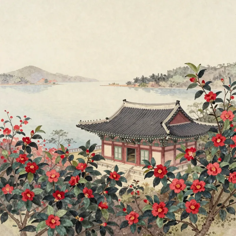 A watercolour of a tile-roofed temple hall among camellia trees above a wide calm bay.