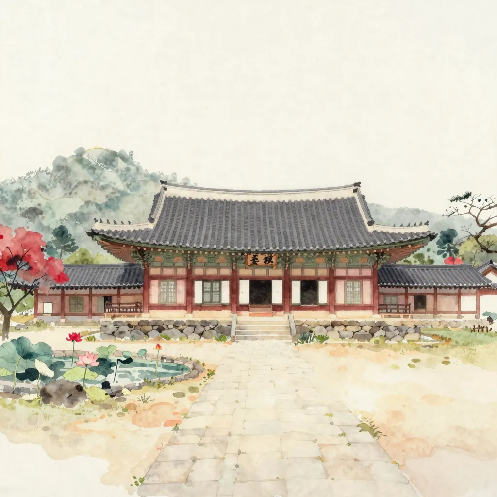A watercolour of a Korean temple compound: a large tile-roofed hall on a stone platform with an open courtyard and a lotus pond.