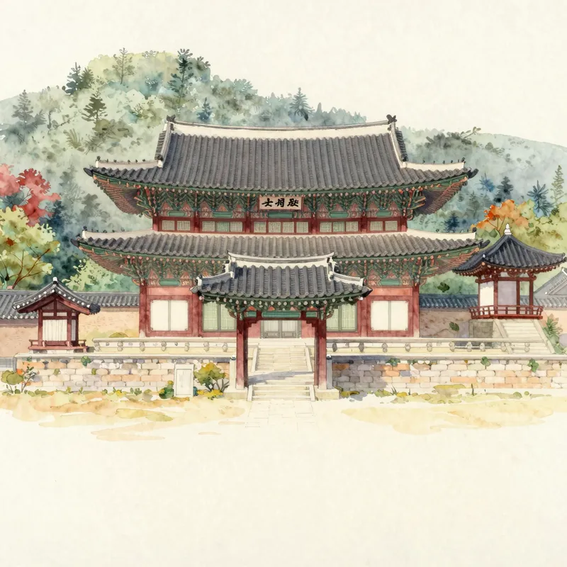 A watercolour of Bogwangsa on Goryeongsan in Paju, with its royal shrine hall among pines.