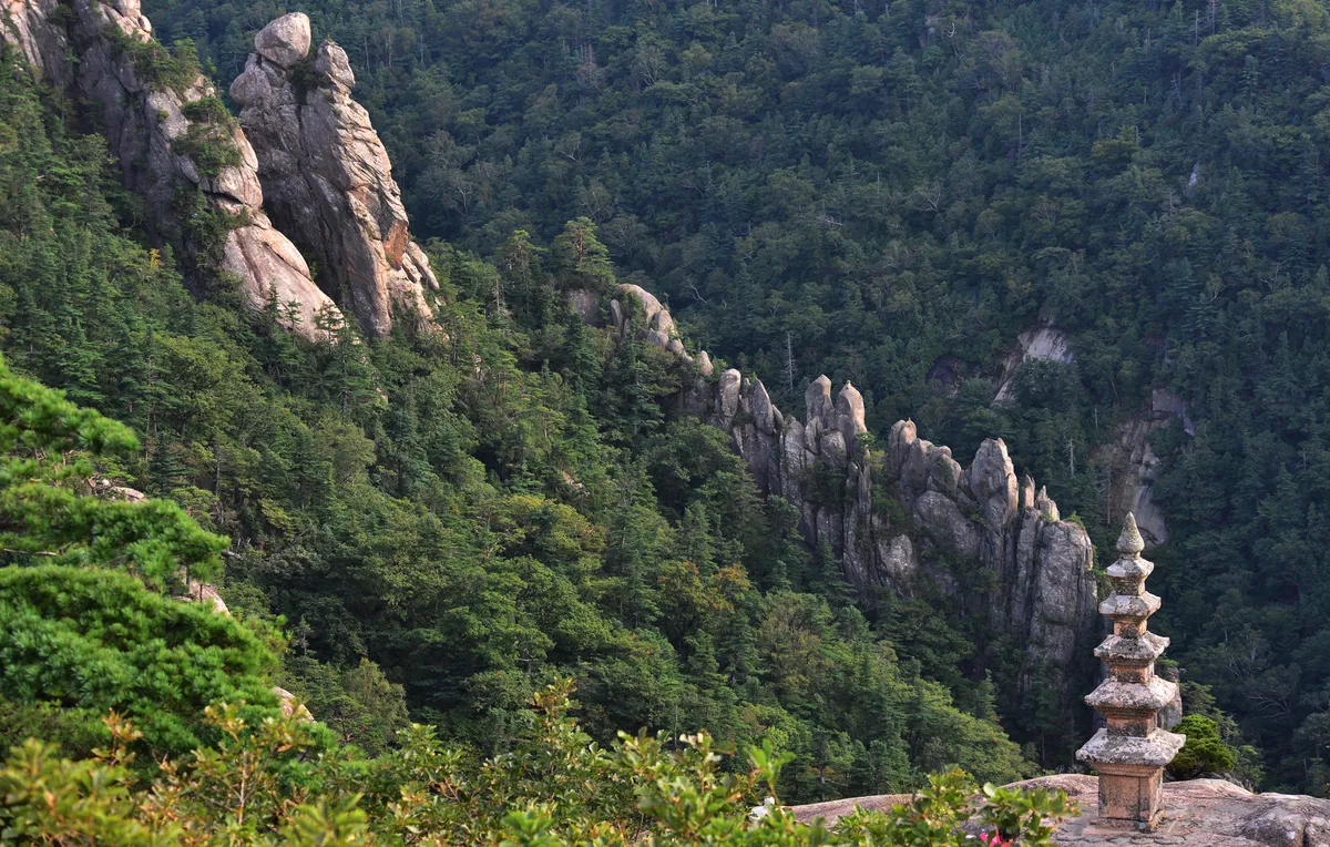 The five-storey stone stupa at Bongjeongam, standing on bare rock high on Seoraksan.