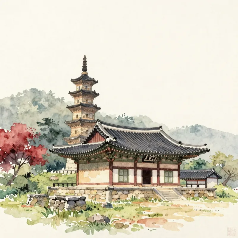 A watercolour of a Korean temple hall on a wooded slope behind a weathered stone pagoda, with old foundations in the grass.