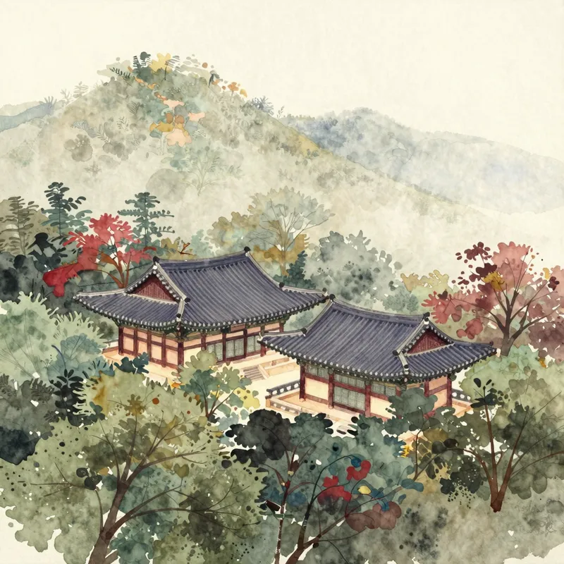 A watercolour of temple roofs seen obliquely among wooded hills, with ridges receding into mist.