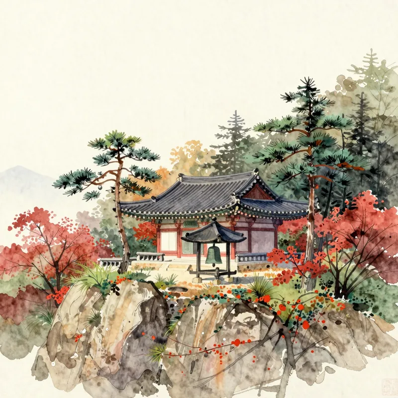 A watercolour of a small mountain temple with a tiled hall and an open bell pavilion among pines and rock faces.