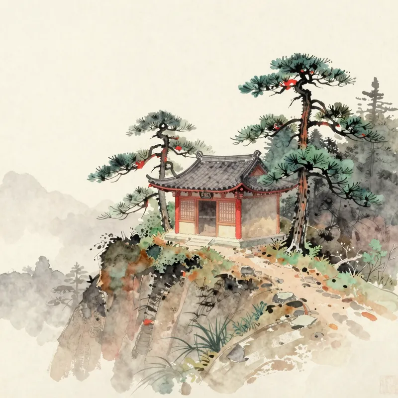 A watercolour of a small tiled-roof shrine hall among old pines on a misted mountain ridge.