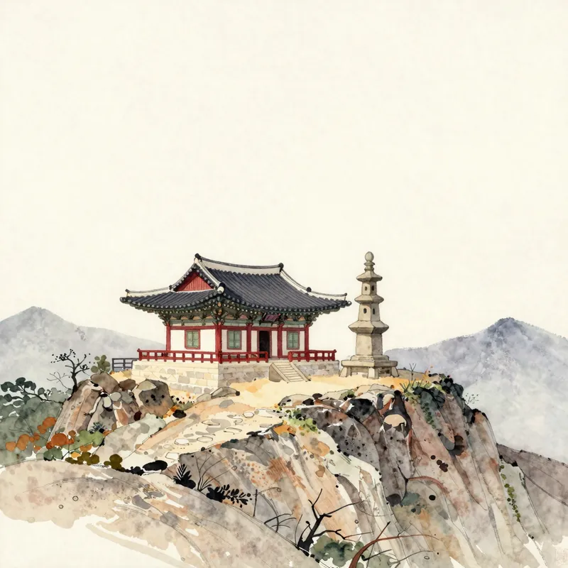 A watercolour of a small temple hall and a slender stone pagoda on a high rocky plateau with ridges below.