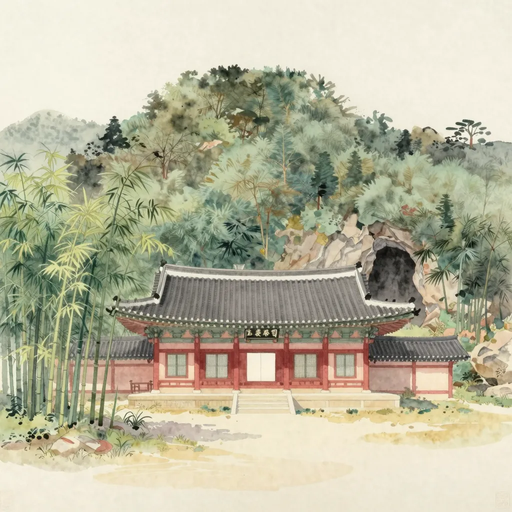 A watercolour of a temple hall at the foot of a forested hill, with bamboo to one side and the mouth of a small cave in the rock behind.
