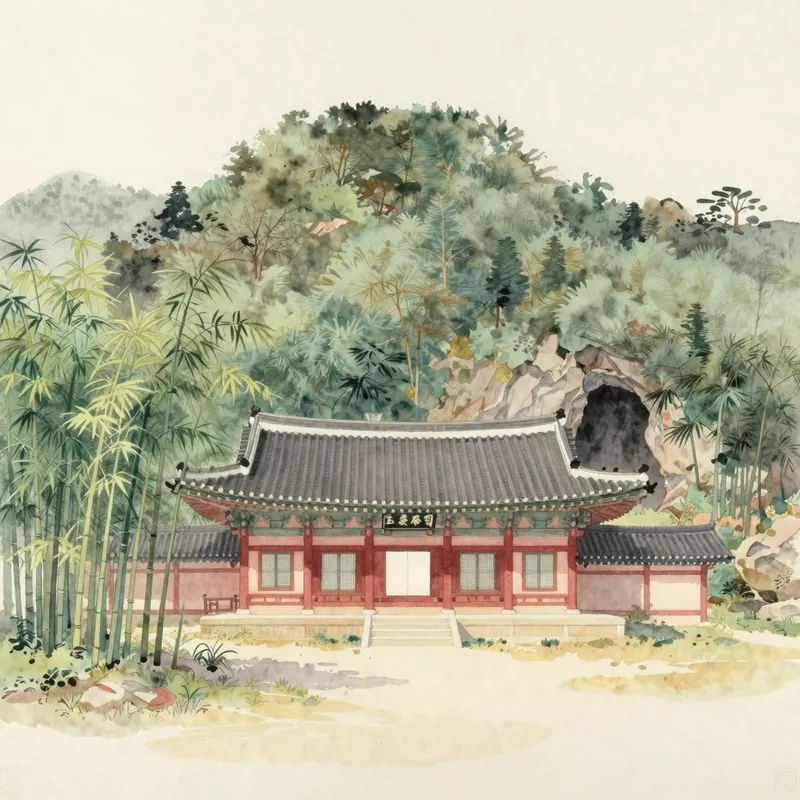 A watercolour of a temple hall at the foot of a forested hill, with bamboo to one side and the mouth of a small cave in the rock behind.