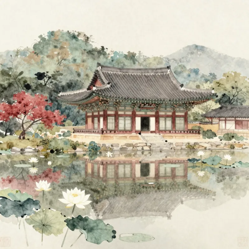 A watercolour of a small temple hall on a wooded hillside above a still pond with white lotus flowers.