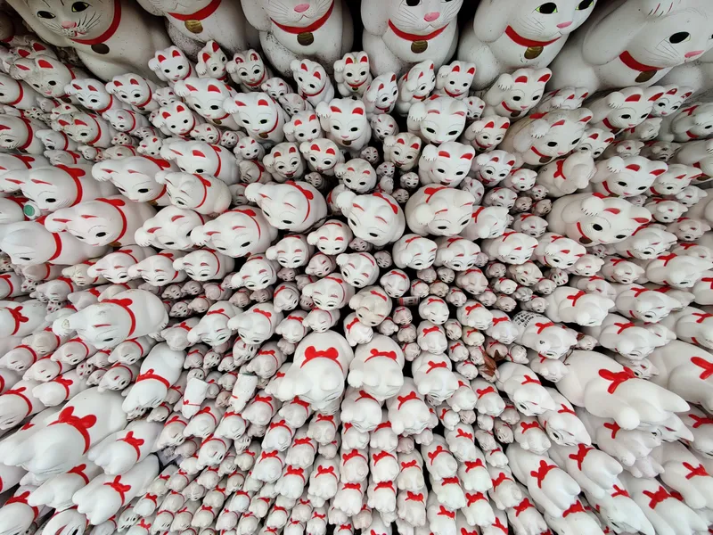 Ranks of white beckoning-cat figurines of many sizes massed on tiered shelves at Gotoku-ji