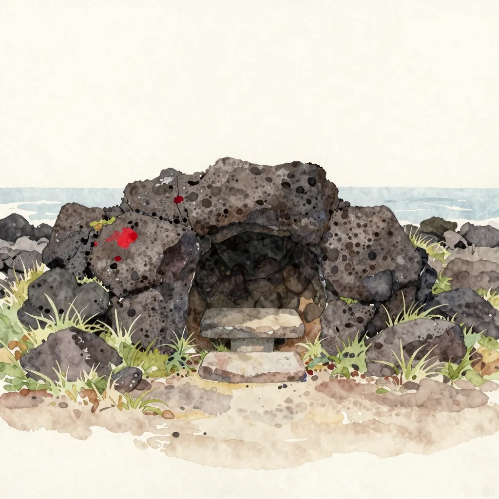 A watercolour of a small shrine in a hollow of dark volcanic rock near the Jeju coast, with a flat stone offering ledge.