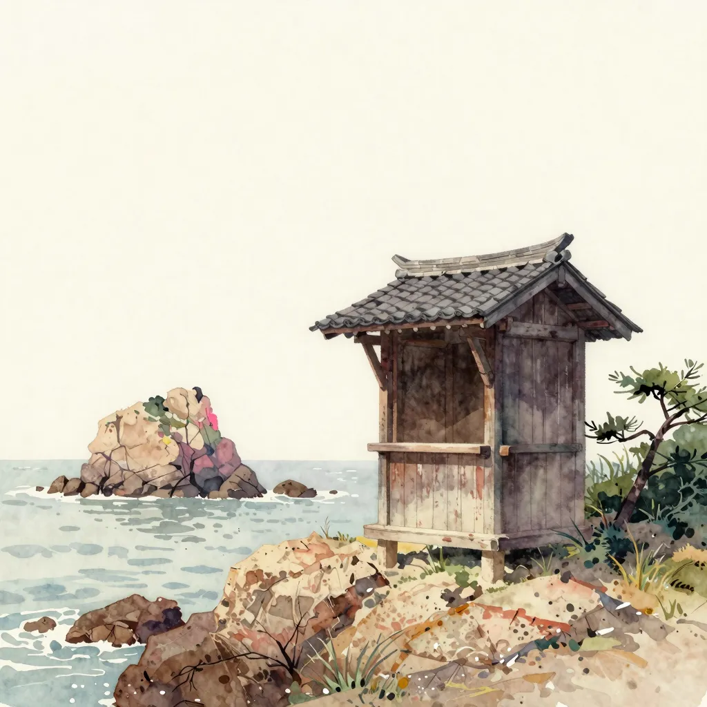A watercolour of a small wooden shrine on a rocky headland above the sea, with a sea-stack rock offshore.