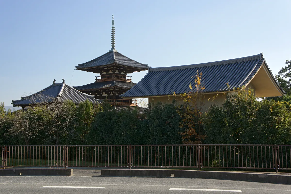 The three-storey pagoda of Hoki-ji in Ikaruga.