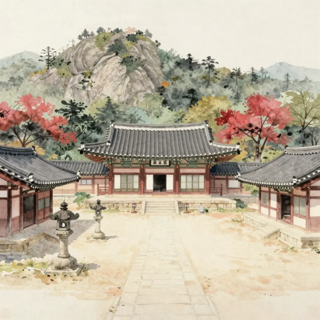 A watercolour of a temple courtyard in a wooded valley below a granite ridge, with a tile-roofed hall and a stone lantern.