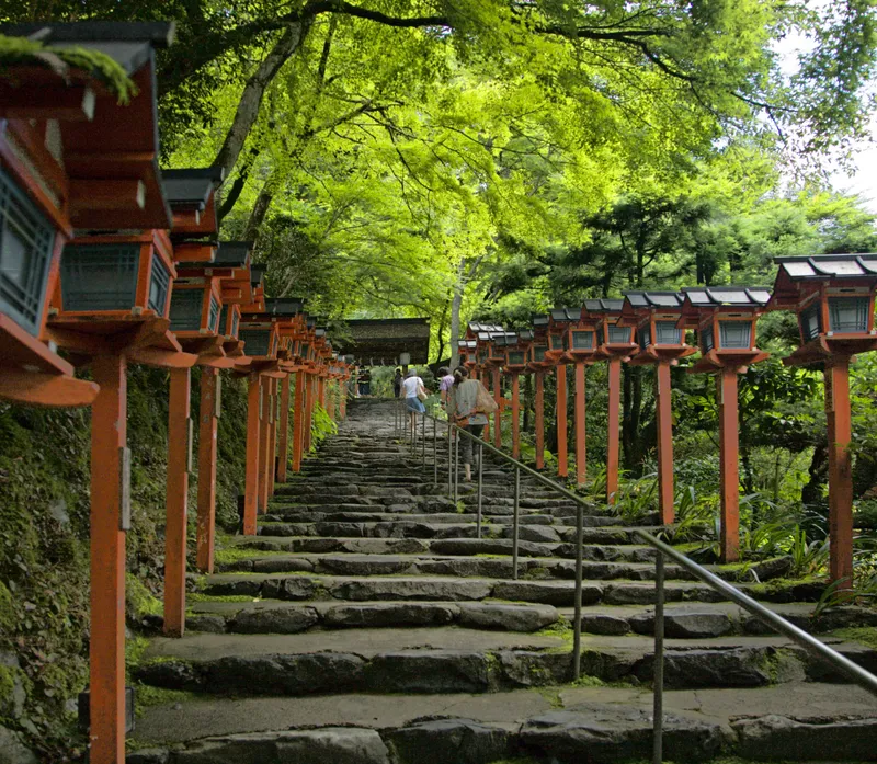 The lantern-lined stone stair climbing to Kifune Jinja.