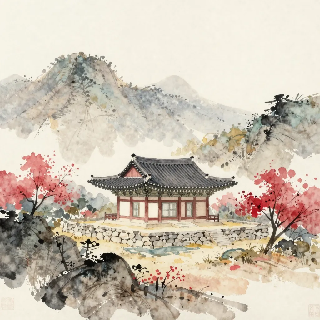 A watercolour of a small tiled-roof temple hall on a high bare ridge with a stone-walled spring beside it and ranges falling away below.