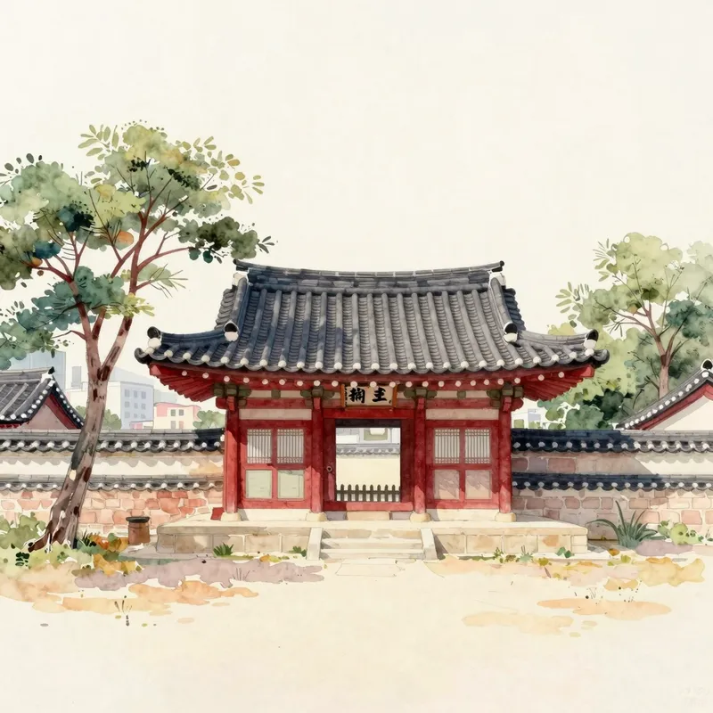 A watercolour of a small tiled-roof shrine building inside a low walled courtyard with a gate and old trees.