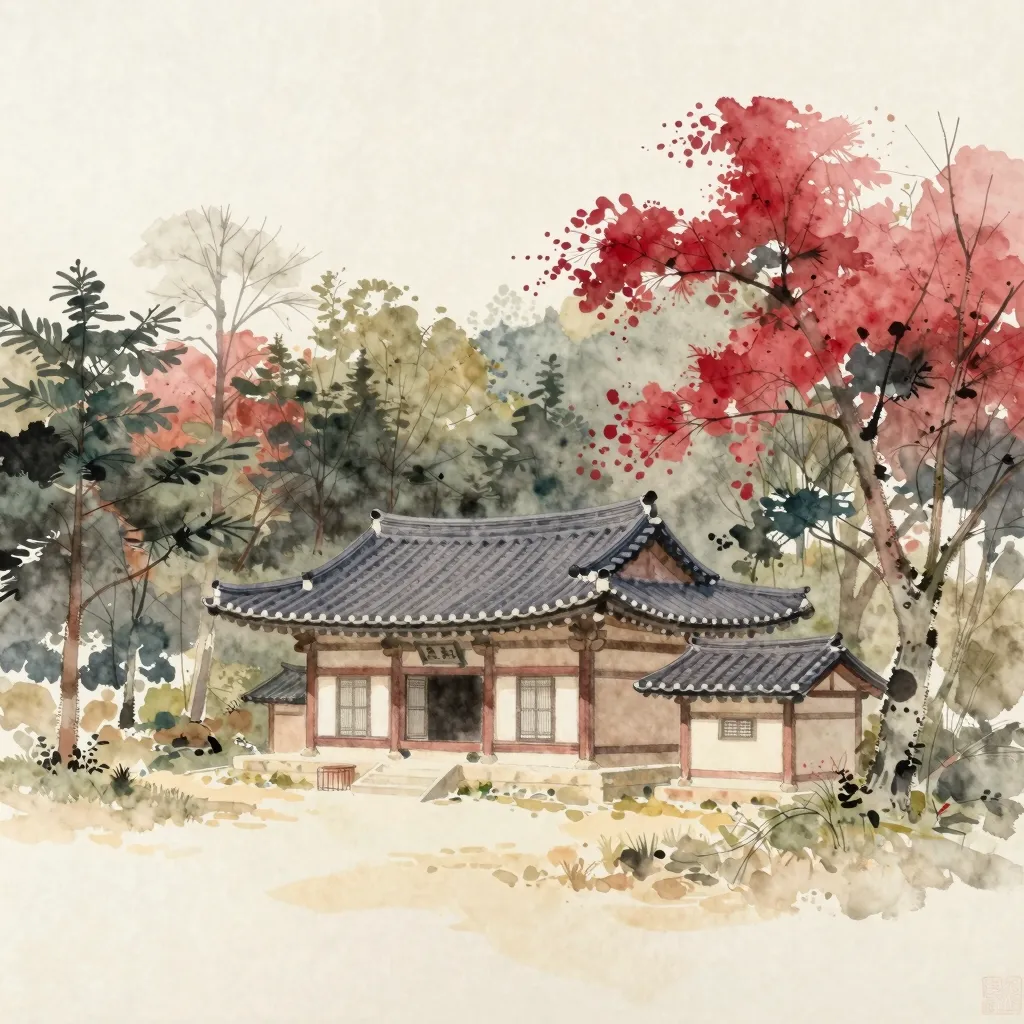 A watercolour of a quiet temple hall and a smaller hermitage building in a narrow wooded valley.
