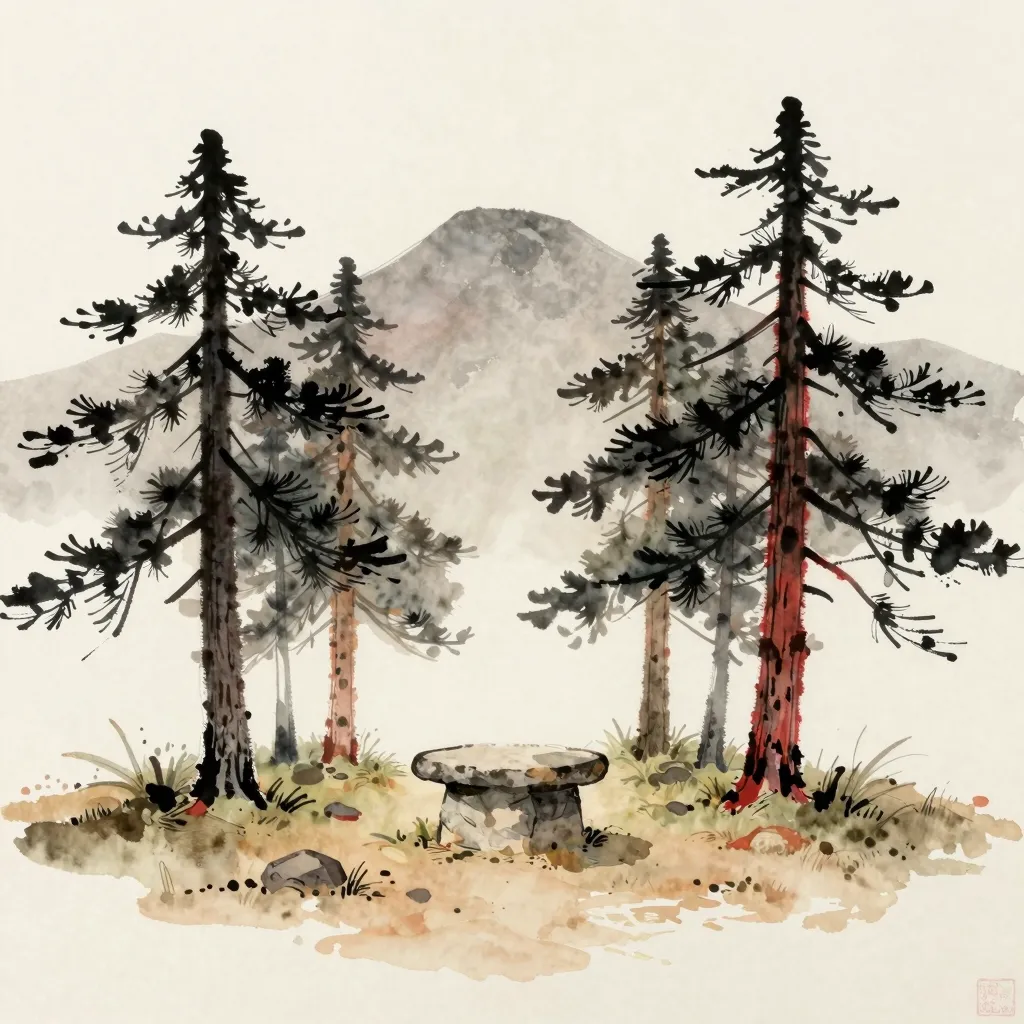A watercolour of a low stone altar in a clearing ringed by very old black pines, with a broad mountain beyond.
