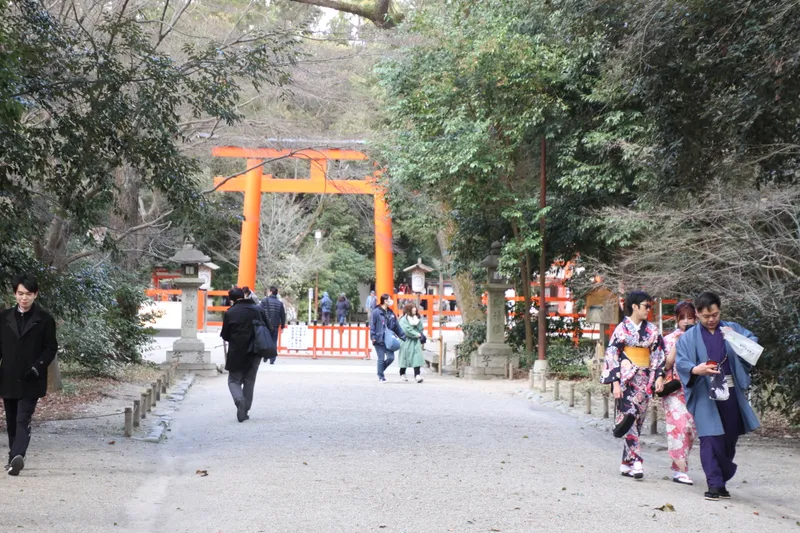 The vermilion gate of Shimogamo Jinja at the edge of Tadasu no Mori.