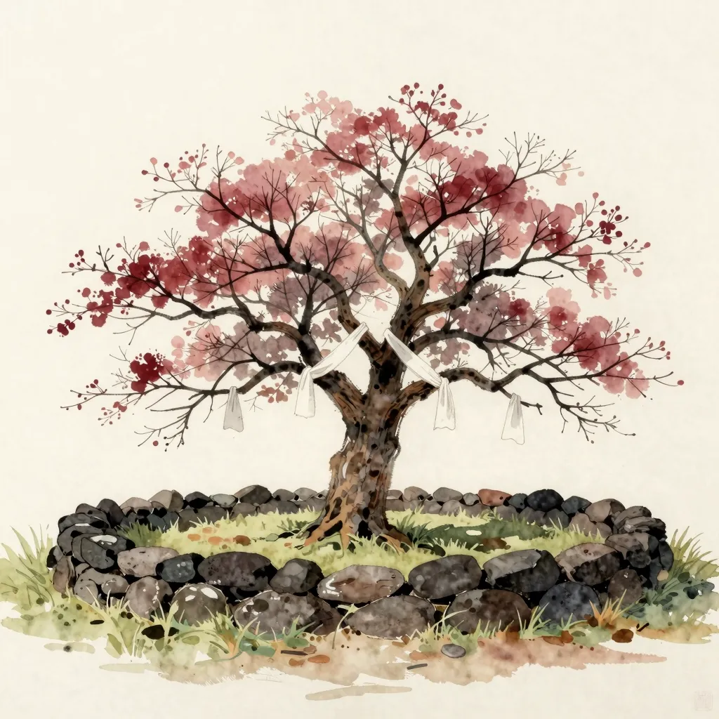 A watercolour of a village shrine enclosure on Jeju: a low basalt wall around an old hackberry tree hung with strips of white cloth.