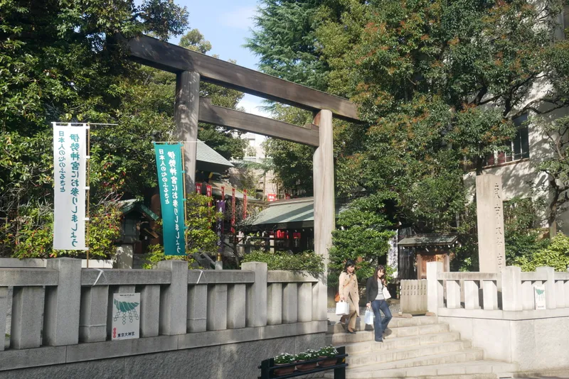 The shrine buildings at Tokyo Daijingu, pale wood beneath a broad roof