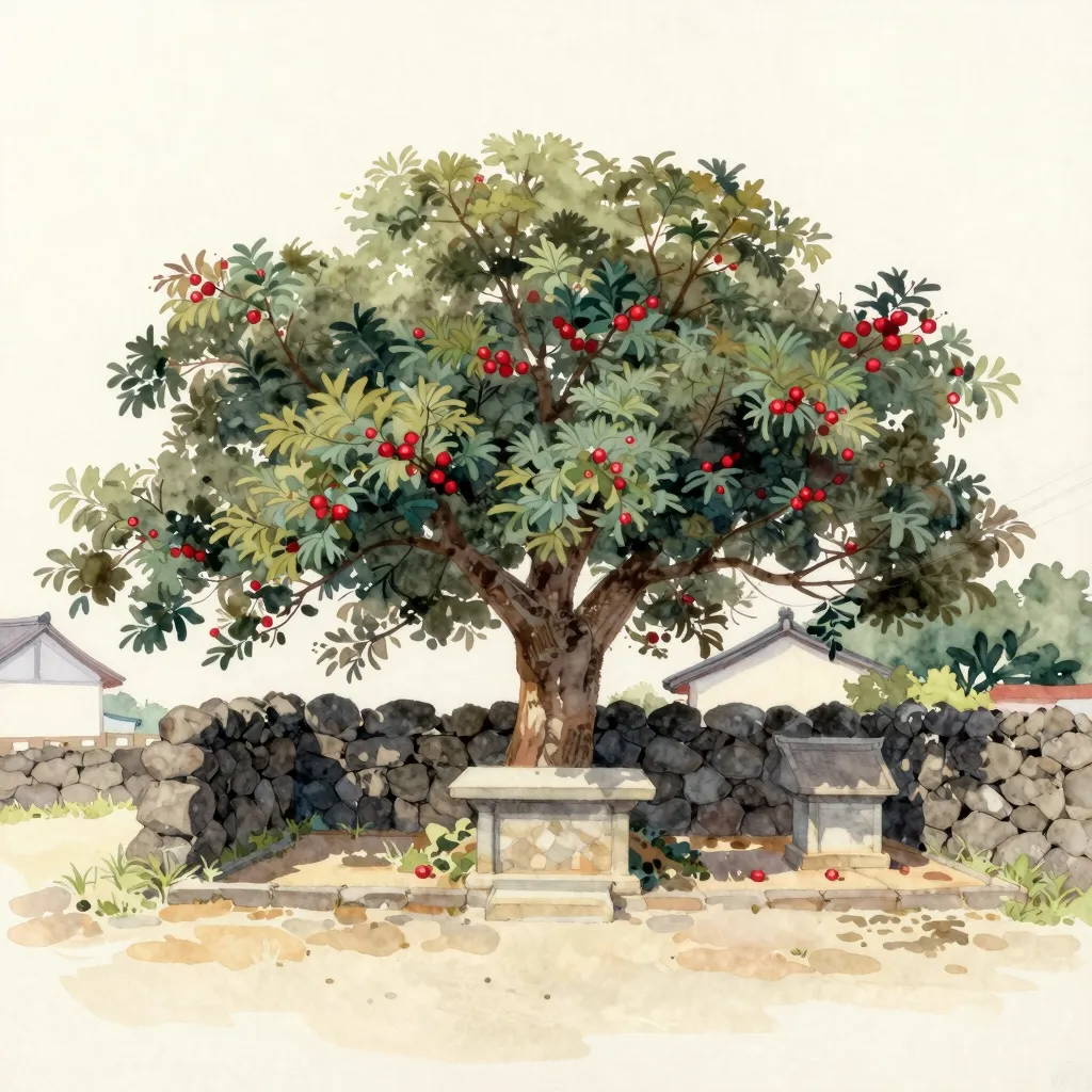 A watercolour of a Jeju village shrine beneath a broad old hackberry tree, with a stone altar shelf and a second altar set apart in a corner.