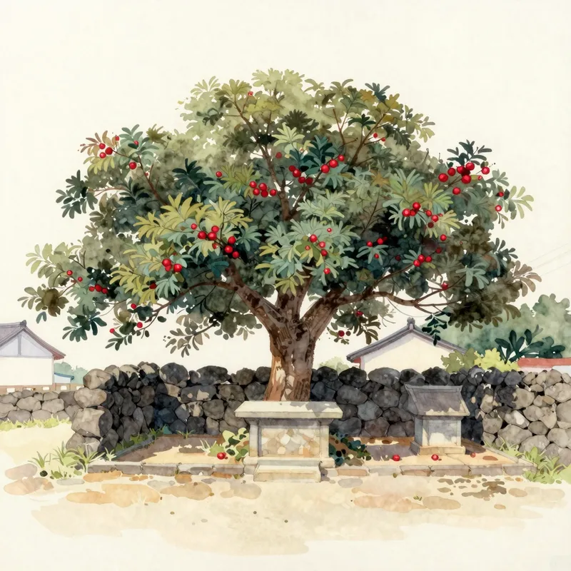 A watercolour of a Jeju village shrine beneath a broad old hackberry tree, with a stone altar shelf and a second altar set apart in a corner.
