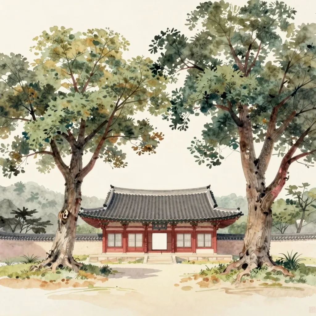 A watercolour of a temple hall flanked by two enormous ancient zelkova trees arching over the roof.